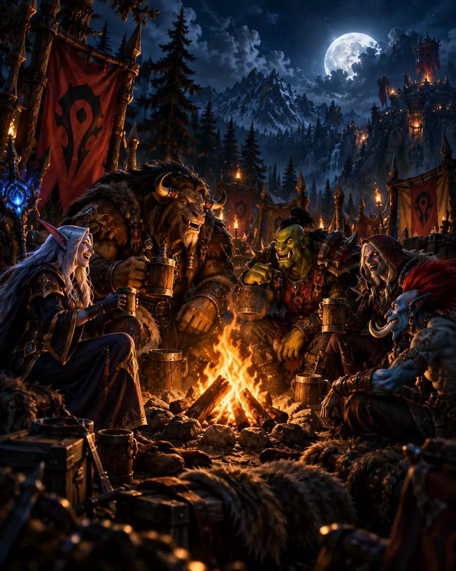 Guild members gathered around a campfire
